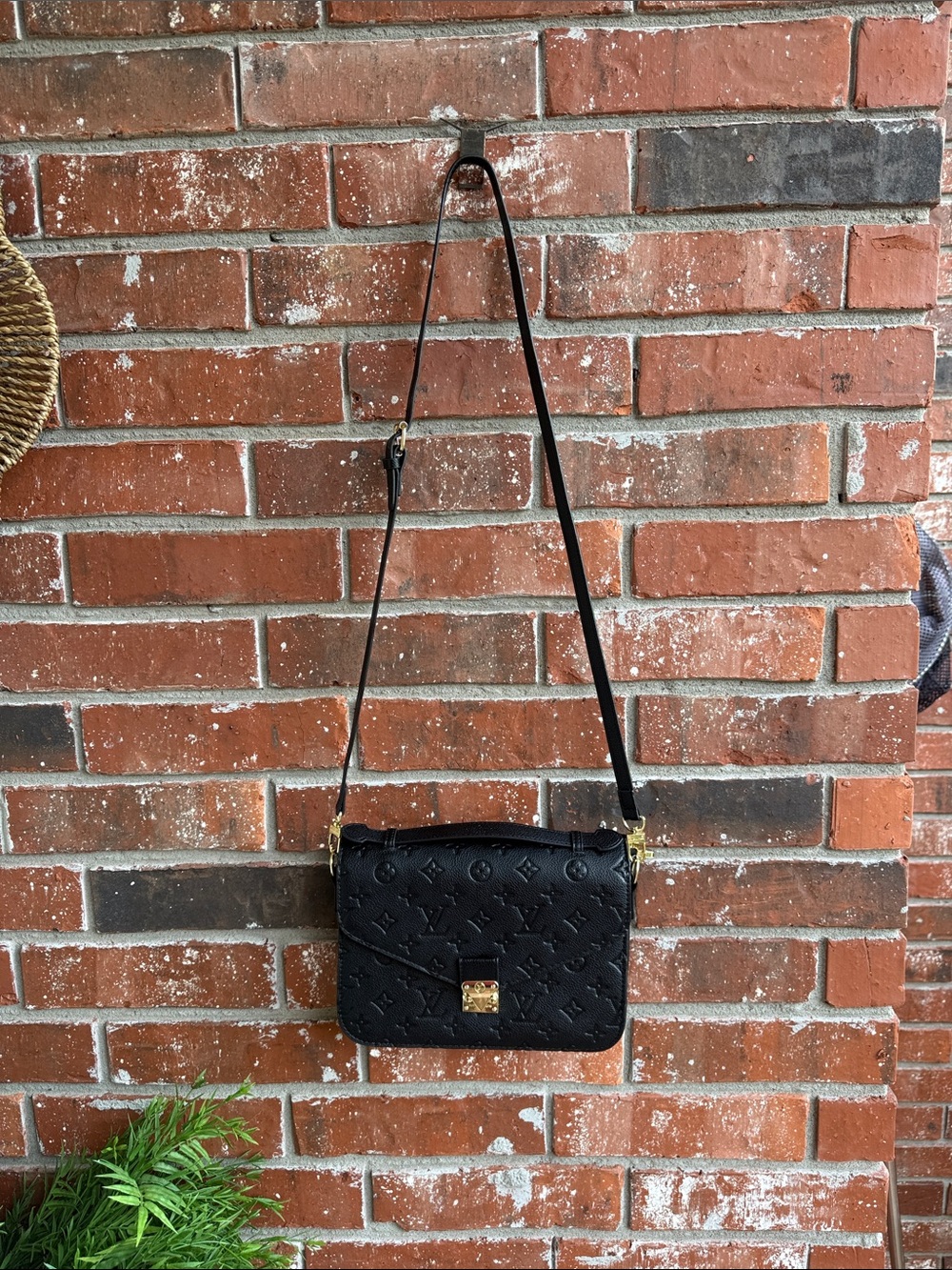 Black Embossed Monogram Crossbody Bag with Gold Hardware